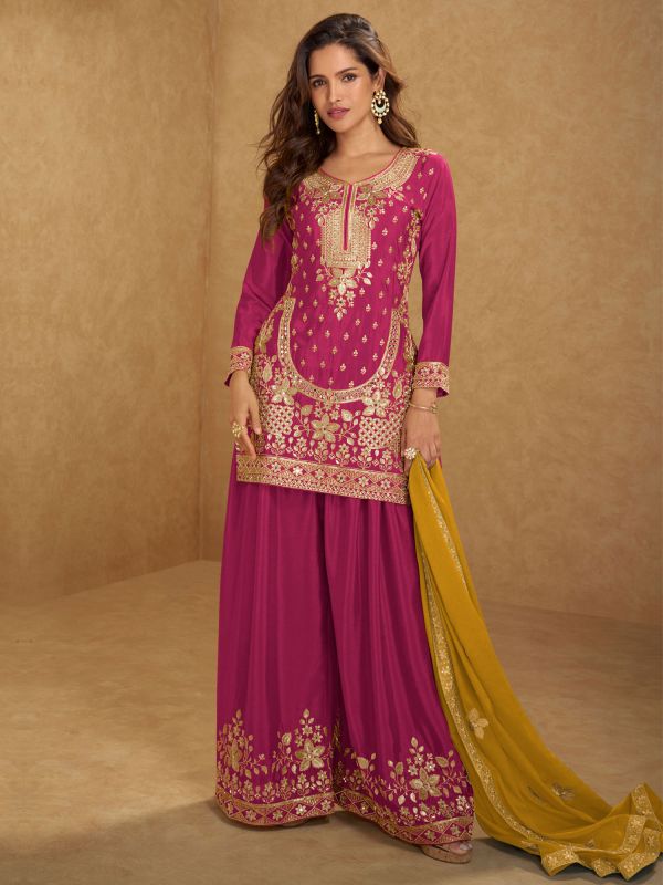 Magenta Silk Salwar Kameez In Mirror Embellishments