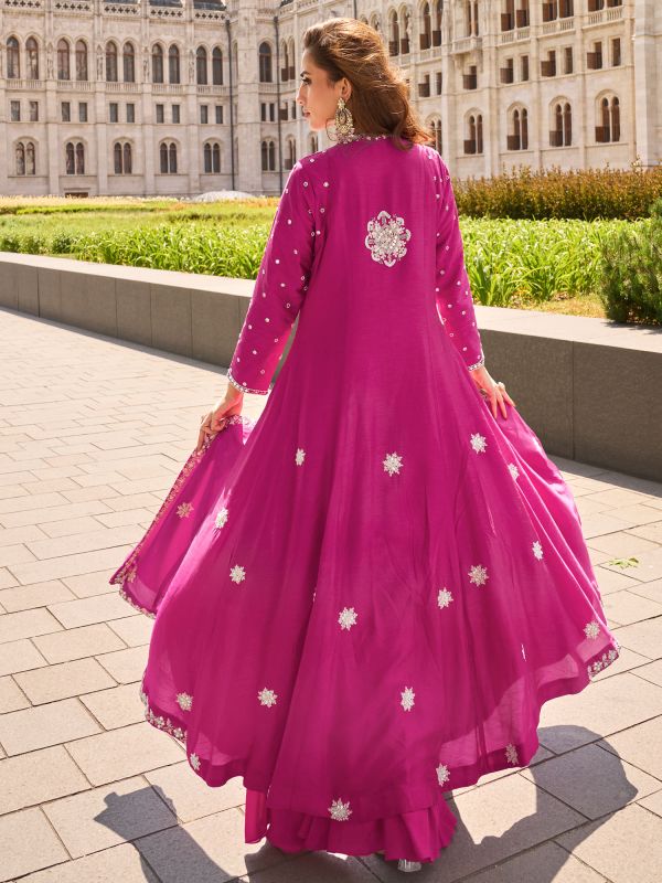 Pink Mirror Work Embroidered Salwar Kameez In Silk