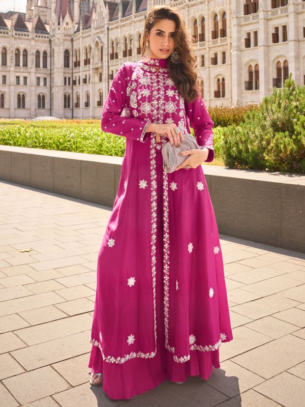 Pink Mirror Work Embroidered Salwar Kameez In Silk