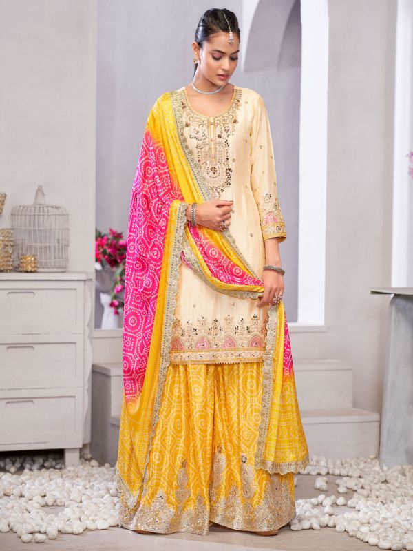 Cream Wedding Silk Salwar Suit In Mirror Work