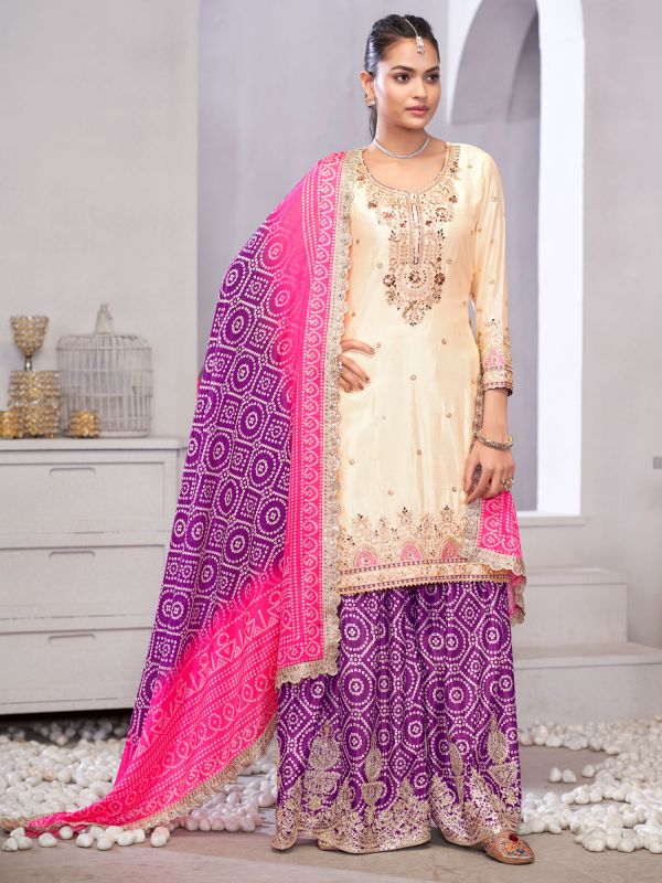Cream Embroidered Palazzo Suit With Printed Dupatta