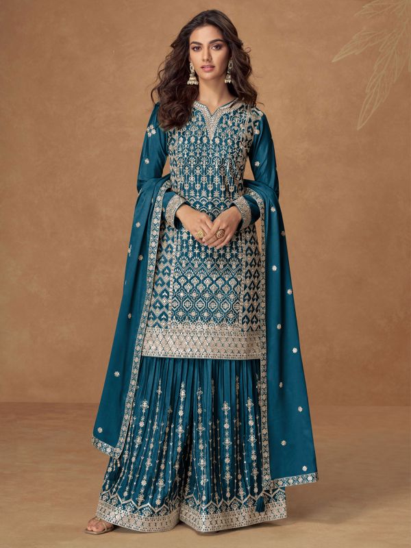 Blue Silver Zari Embellished Palazzo Suit Set