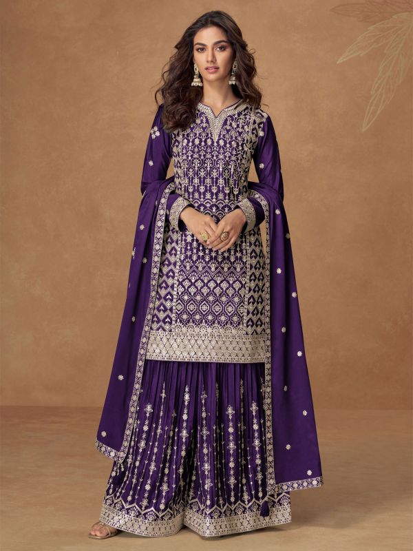 Purple Casual Wear Salwar Kameez In Chinon Silk