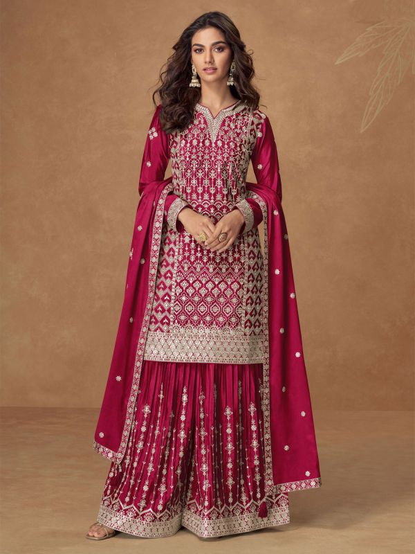 Magenta Chinon Silk Salwar Suit In Heavy Embroidery