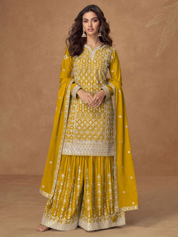 Yellow Festive Palazzo Suit In Silver Zari Work