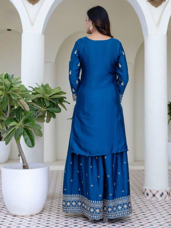 Blue Sequins Augmented Silk Palazzo Style Suit Set