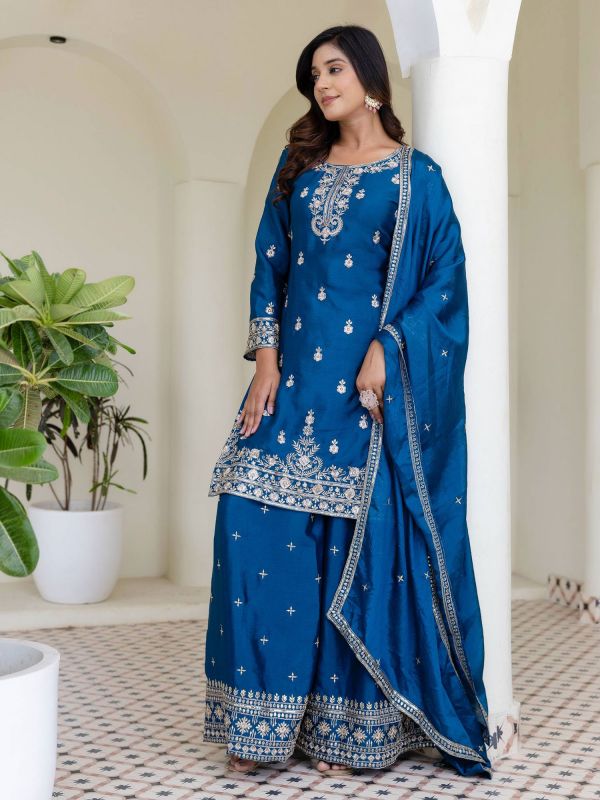 Blue Sequins Augmented Silk Palazzo Style Suit Set