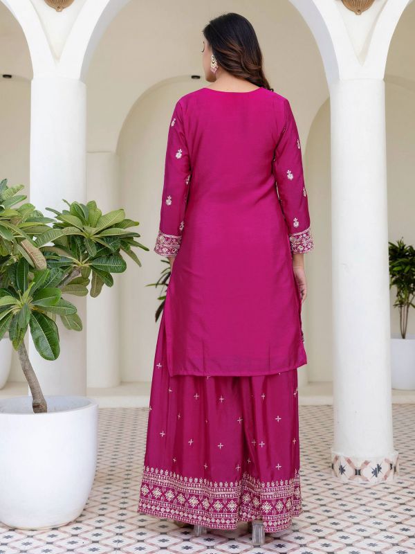 Magenta Palazzo Suit In Floral Silver Zari Work