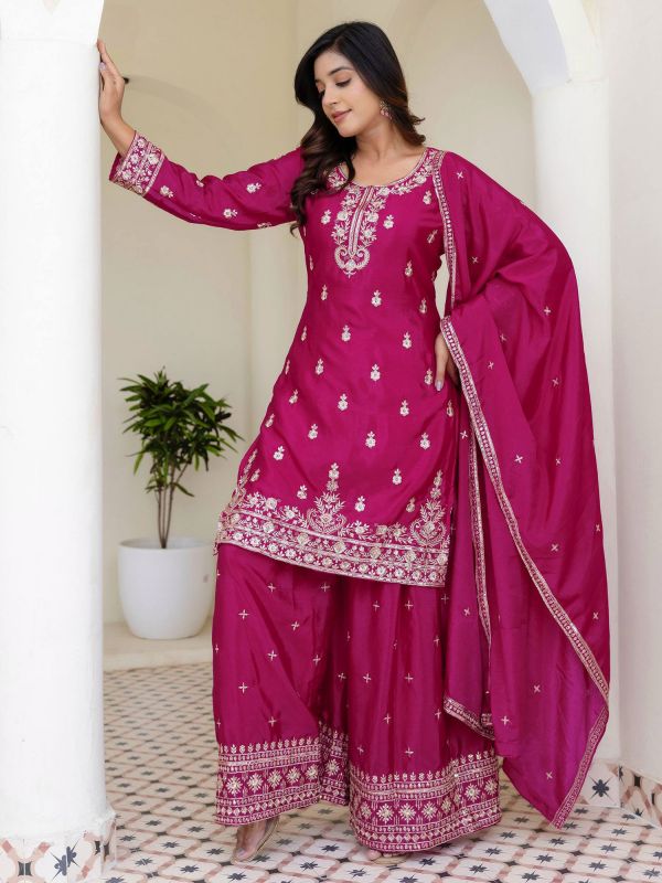 Magenta Palazzo Suit In Floral Silver Zari Work