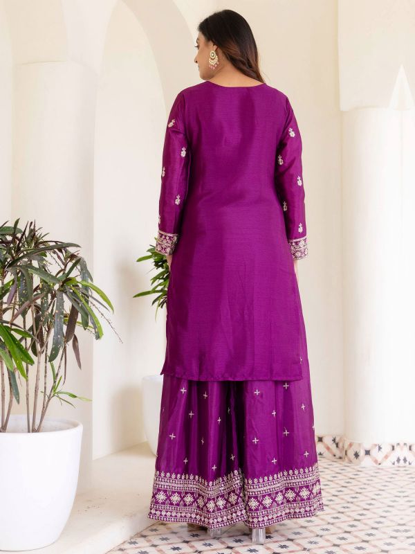 Wine Silver Zari Embellished Salwar Kameez In Silk