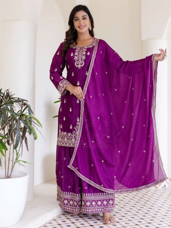Wine Silver Zari Embellished Salwar Kameez In Silk