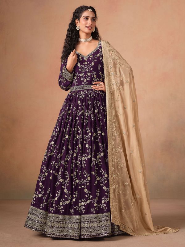 Wine Floral Work Salwar Kameez In Anarkali Style