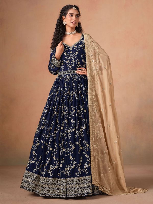 Navy Blue Georgette Anarkali Style Salwar Kameez