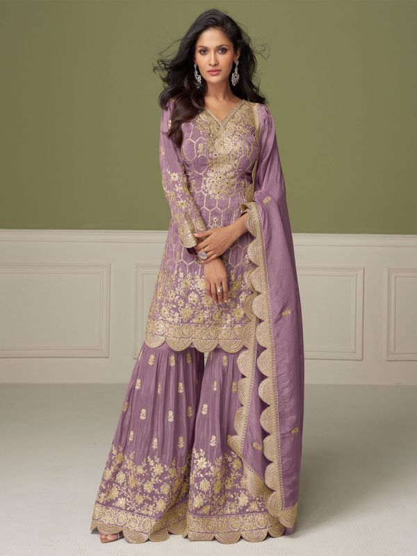 Mauve Embroidered Sharara Suit With Straight Kameez
