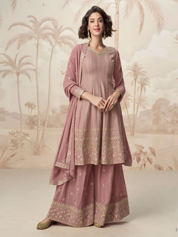 Pink Embroidered Salwar Suit With Flare Style Kameez