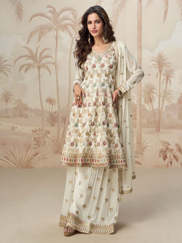 White Palazzo Style Suit Set In Floral Embellishments