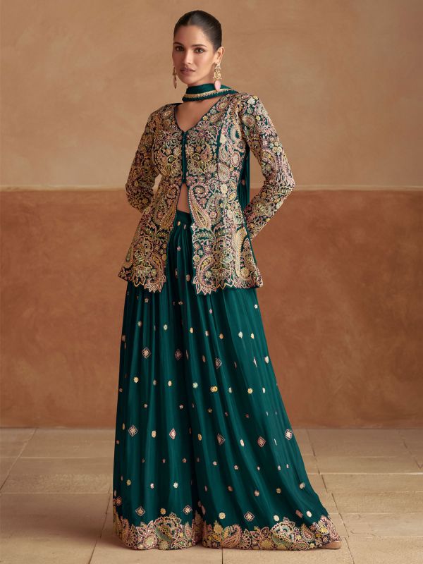 Green Hand Work Embellished Wedding Palazzo Suit
