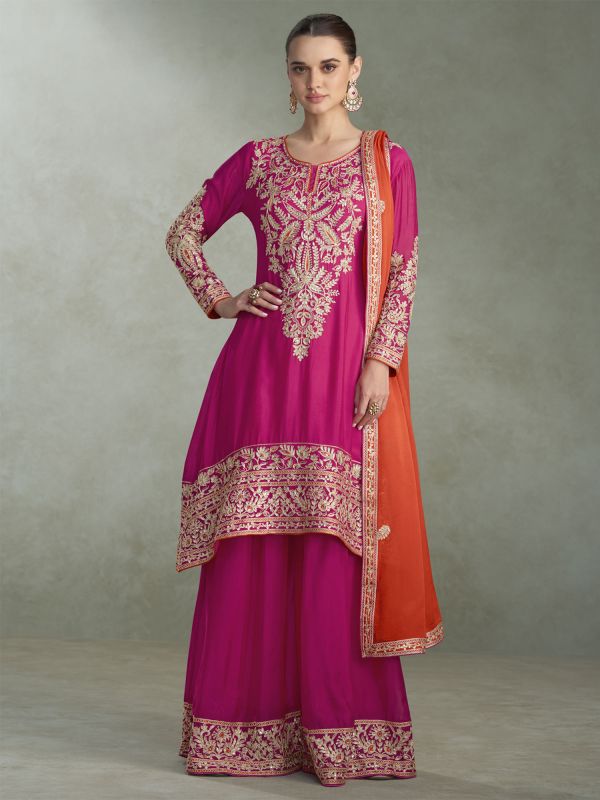 Pink Readymade Salwar Kameez In Mirror Work