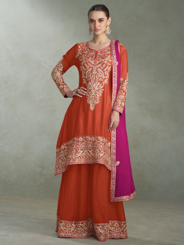 Orange Sequins Work Anarkali Suit With Palazzo