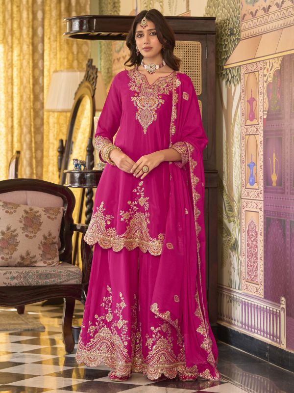 Pink Readymade Wedding Salwar Suit In Palazzo Style