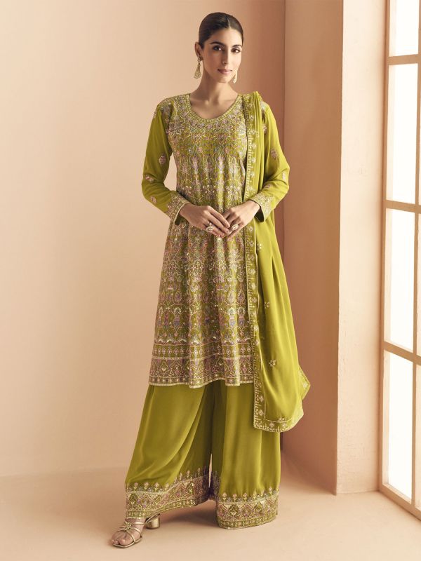 Green Floral Embellished Palazzo Suit With Flare Kameez