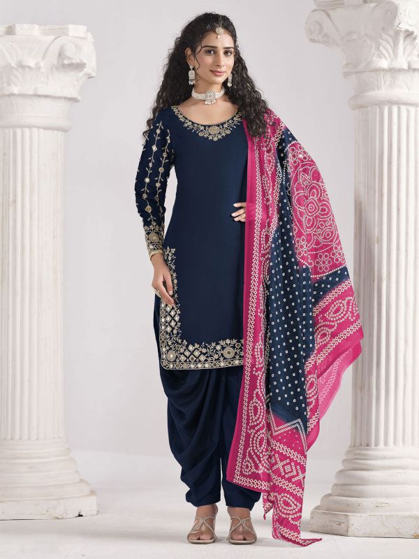 Navy Blue Punjabi Suit With Dupatta In Chanderi Silk