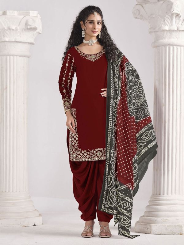 Maroon Salwar Suit In Punjabi Style With Printed Dupatta