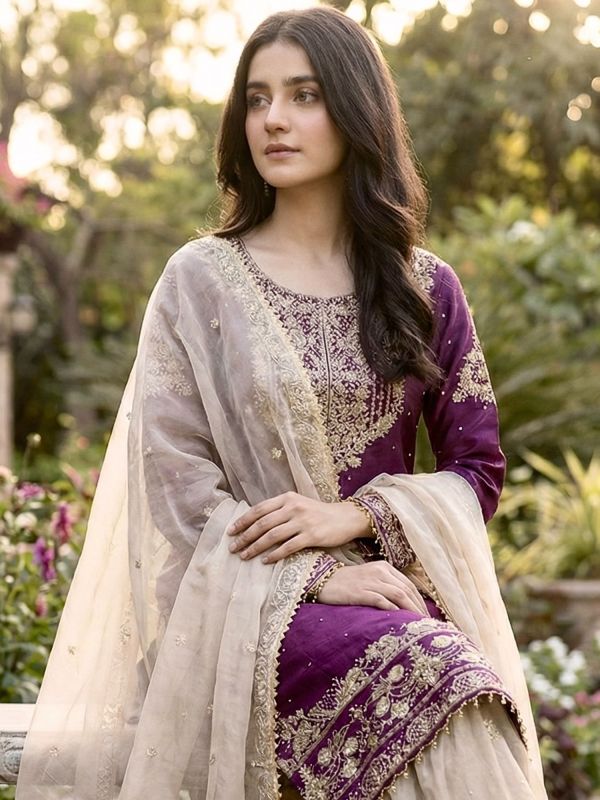 Wine Readymade Salwar Kameez In Pakistani Style