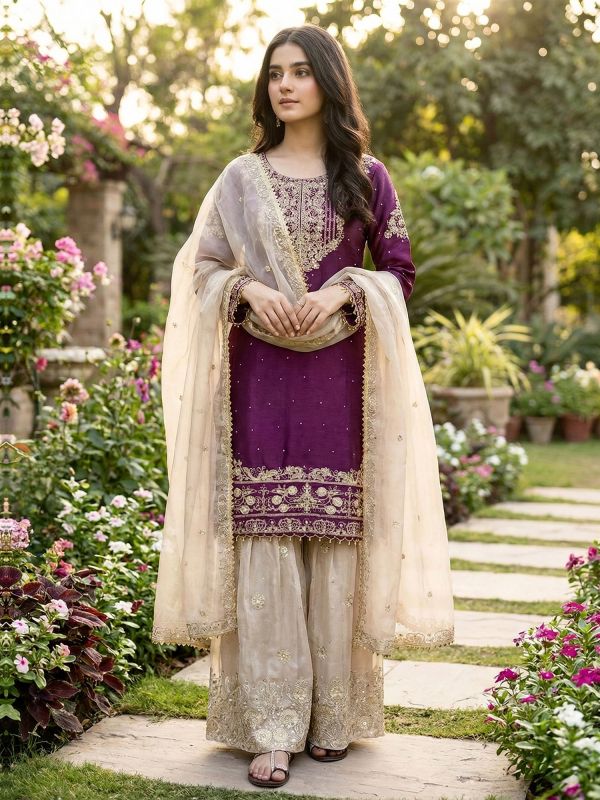 Wine Readymade Salwar Kameez In Pakistani Style