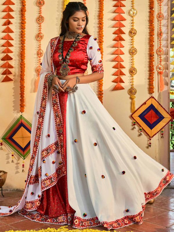 White And Red Embroidered Navaratri Lehenga Choli In Cotton
