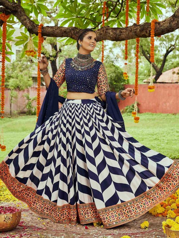 Blue And White Cotton Lehenga Choli With Dupatta
