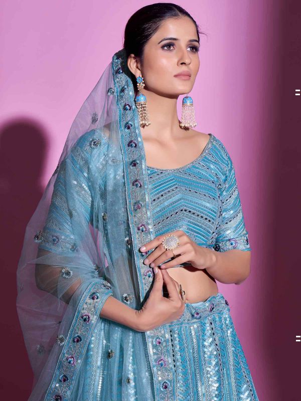 Blue Mirror Work Embroidered Art Silk Lehenga Choli