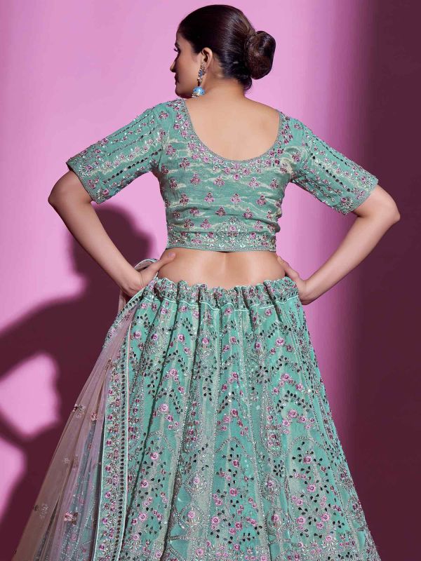 Turquoise Mirror Work Lehenga Choli With Dupatta