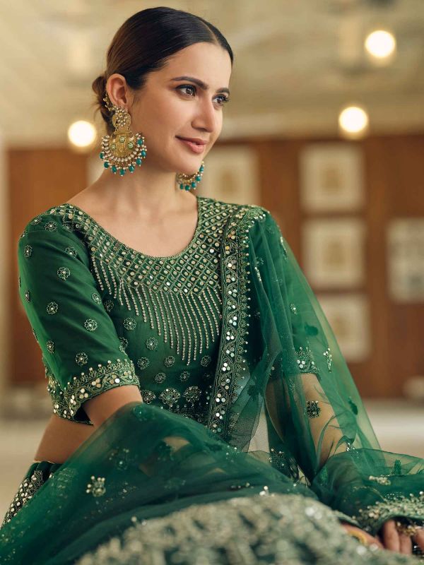 Green Mirror Work Lehenga Choli In Net