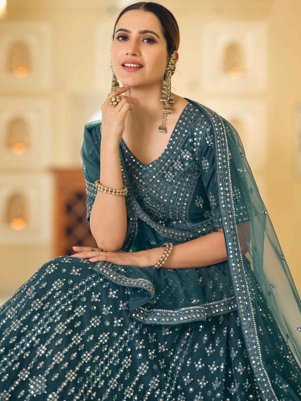 Blue Mirror Work Lehenga Choli In Net