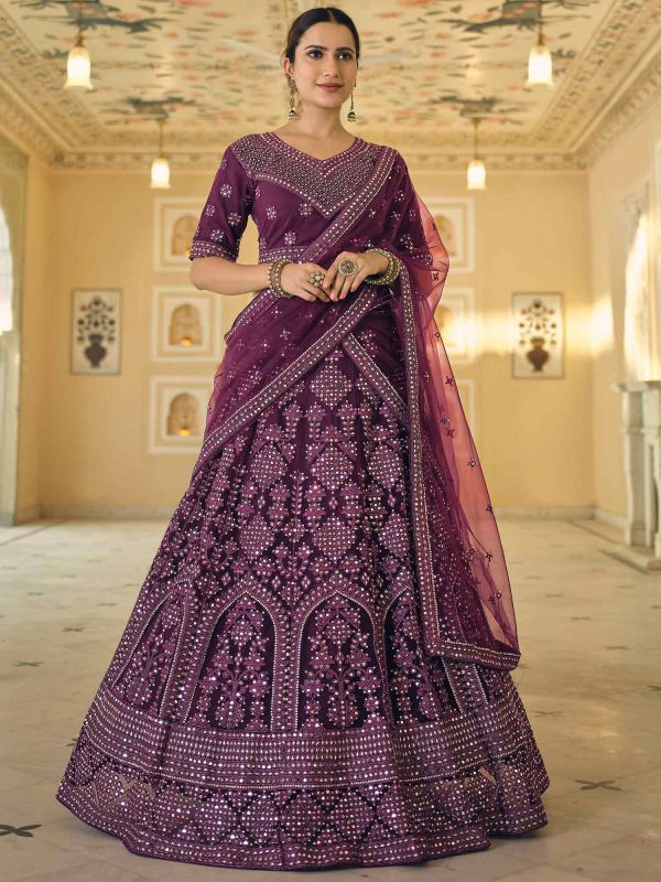Purple Net Lehenga Choli With Dori Embroidery