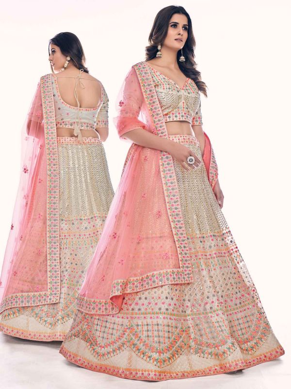 Off White Net Lehenga Choli With Embroidery
