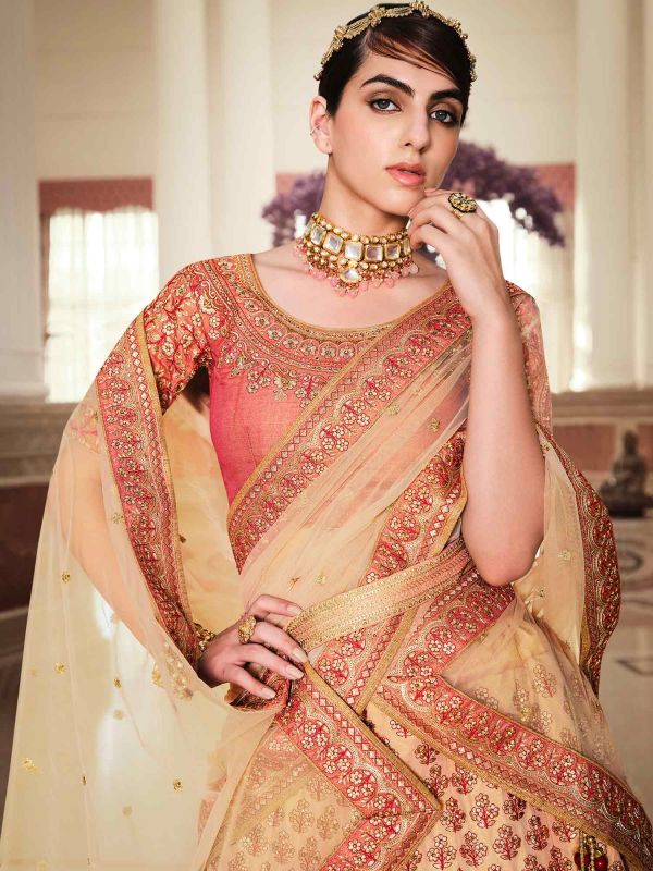 Beige Embroidered Shaded Lehenga Choli In Silk