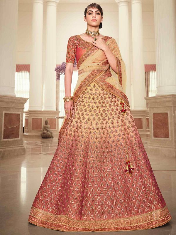 Beige Embroidered Shaded Lehenga Choli In Silk