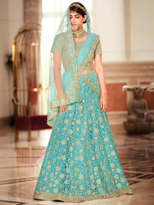 Blue Thread Embroidered Lehenga Choli In Net