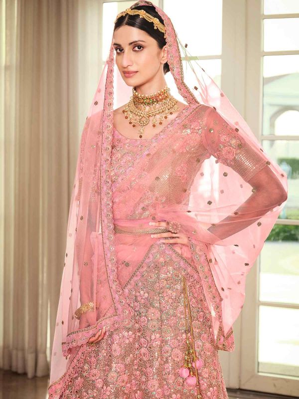 Pink Embroidered Net Lehenga Choli With Dupatta