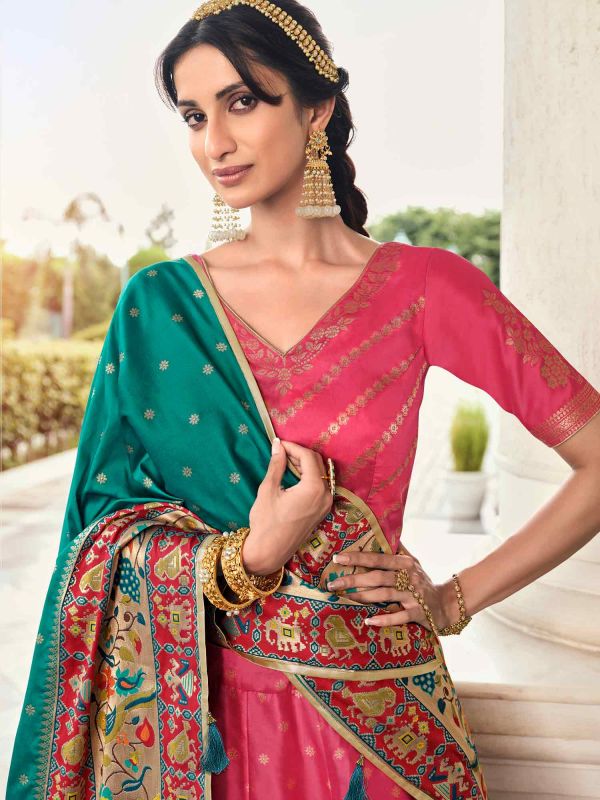 Pink Traditional Banarasi Silk Woven Lehenga Choli