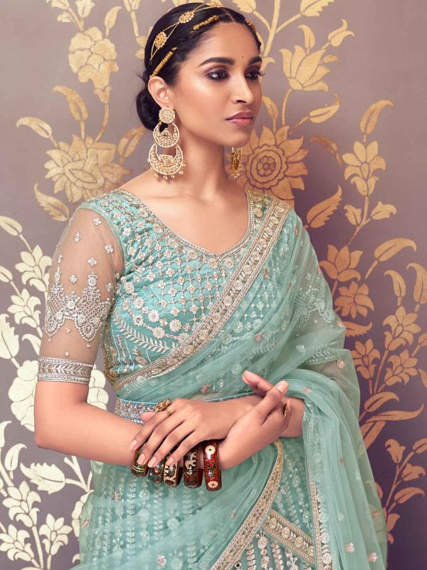 Blue Thread Embroidered Designer Lehenga Choli In Net