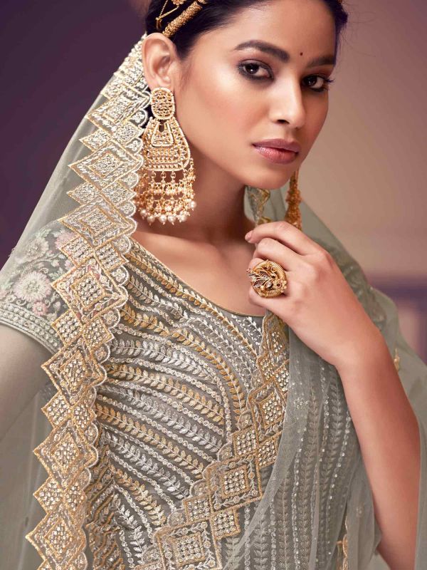 Grey Designer Lehenga Choli In Net