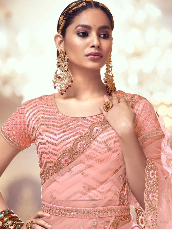 Peach Net Lehenga Choli With Designer Embroidery