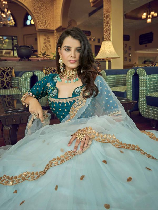 Blue Sequined Lehenga Choli In Net