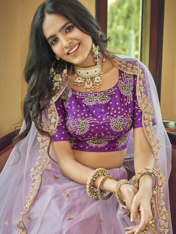 Purple Net Lehenga Choli With Sequins Embroidery