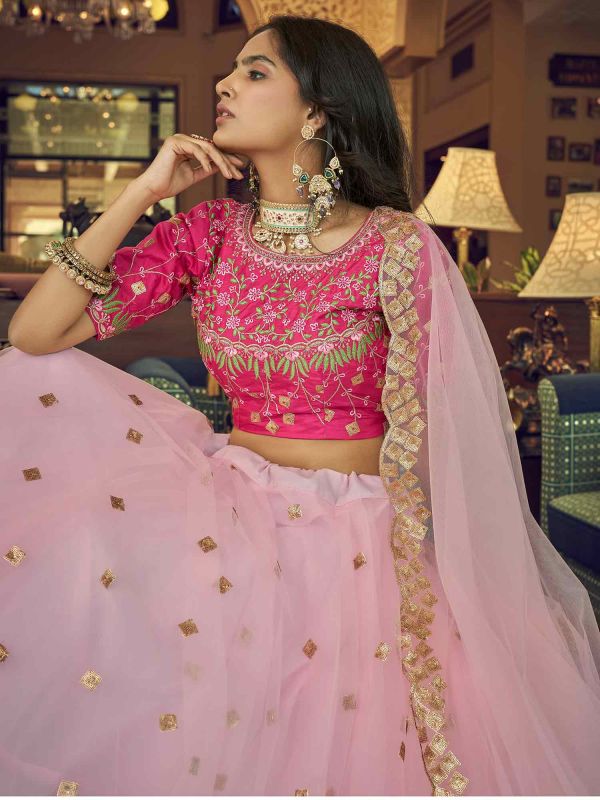Pink Embroidered Bridesmaid Lehenga Choli In Net