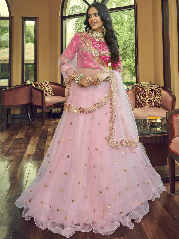 Pink Embroidered Bridesmaid Lehenga Choli In Net