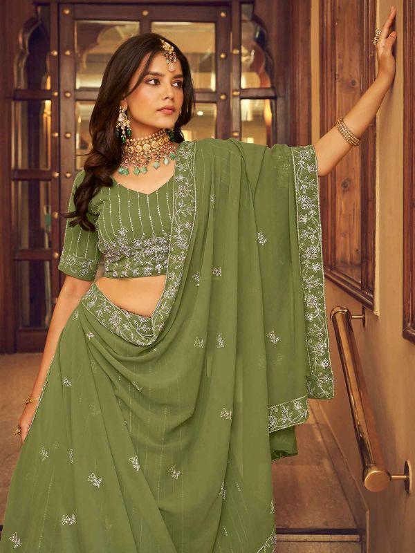 Green Georgette Lehenga Choli With Sequins Work